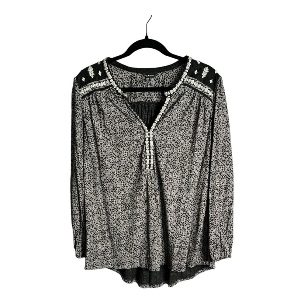 Lucky Brand Black White Long Sleeve Blouse Embroidery Detail 1X